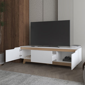English Elm Yukon TV Stand with White & Macadamia Finish — Elegant Engineered Wood Media Console, 3 Doors, Ample Storage B092P315587