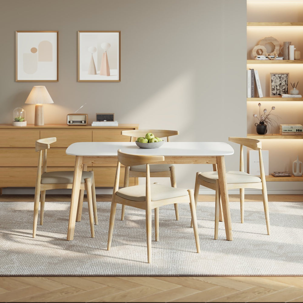 English Elm [video] 5-piece Mid-century Dining Set Rubberwood Frame Faux Leather Chairs Kitchen N759S006011E