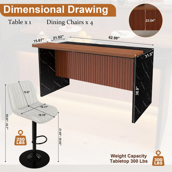 English Elm 63" Modern Kitchen Island Set With 4 Beige Bar Stools - Elegant Black Marble, Led Light & Grille Design W2699S00075