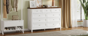 English Elm Wood Rustic Storage Dresser with 9 Drawers, Silver Handles and X Side Accents for Stylish Storage White N709P288888K