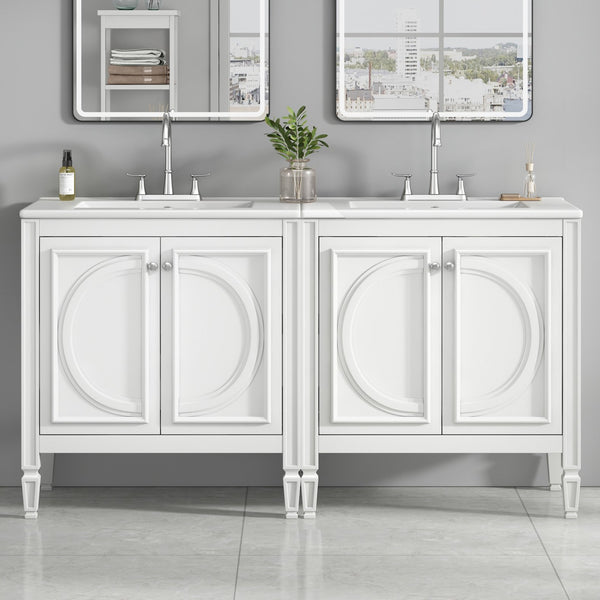 English Elm [video] 60 Inch Freestanding Double Sink Bathroom Vanity with Ceramic Basins Soft Close Storage White N759S226000K