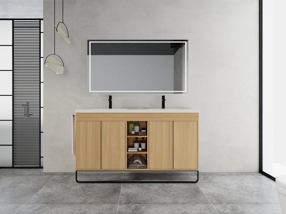 English Elm 60" Freestanding Bathroom Vanity with Dual Resin Sink, 4 Soft-Close Doors, 3 Open Shelves & Towel Hanger, Plywood Storage Boxes, Modern Durable Hardware W999S00480