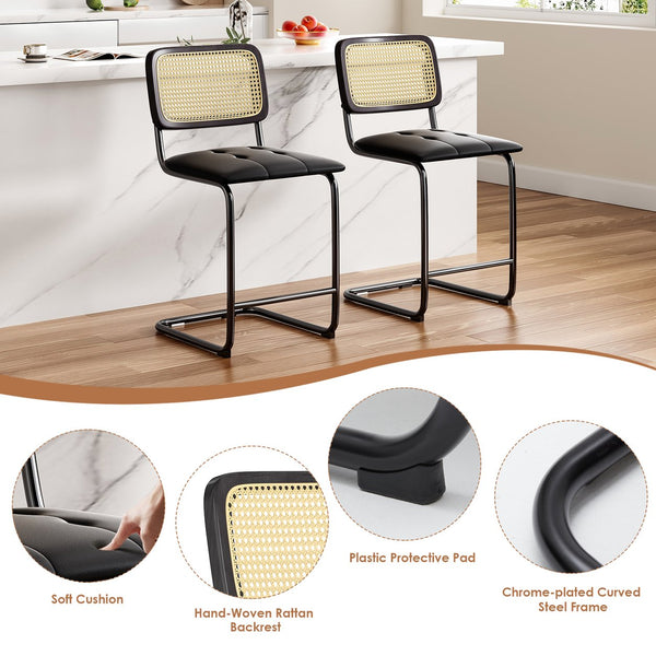 English Elm Farini Velvet Counter Height Bar Stools Set of 2 with Rattan Back, Cantilever Comfort & Floor Protectors Black T3623P354965