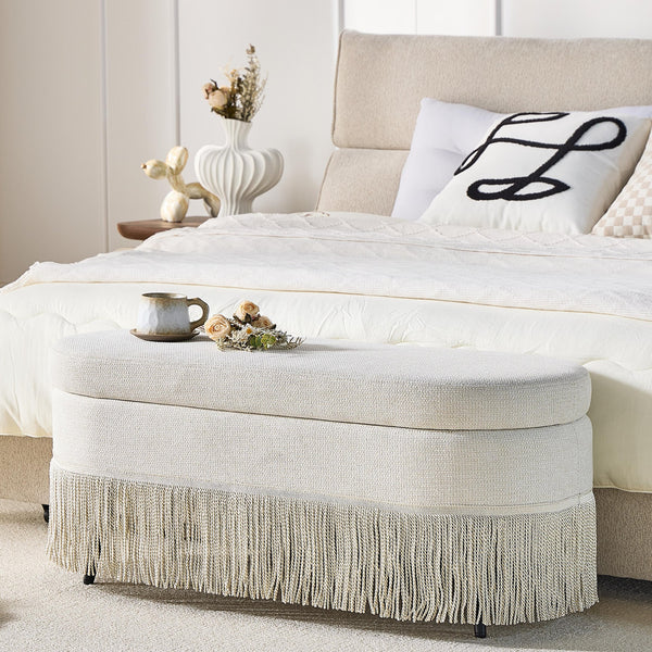 English Elm Oval Fringe Trim Upholstered Lift Top Storage Ottoman Stylish Footrest for Any Room Beige W5501P462403