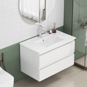 English Elm 31.5-inch Modern Bathroom Vanity with Integrated Ceramic Basin, Soft-Close Drawers, Black Accents Glossy White 35.04 L x 21.06 W x 6.89 H W3151S00064