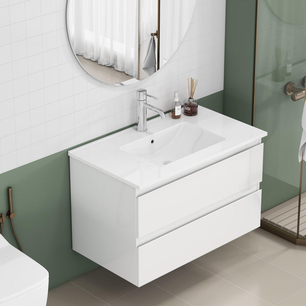English Elm 31.5-inch Modern Bathroom Vanity with Integrated Ceramic Basin, Soft-Close Drawers, Black Accents Glossy White 35.04 L x 21.06 W x 6.89 H W3151S00064
