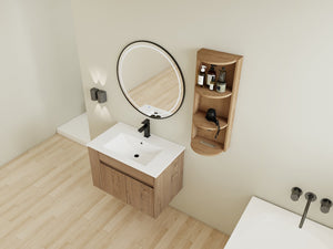 English Elm 30" Wall-Mounted Bathroom Vanity With Ceramic Sink, Soft-Close Doors & Versatile Storage Rack W999S00342