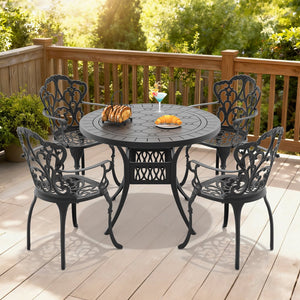English Elm 5-piece Cast Aluminum Outdoor Dining Set with Ornate Relief Patterning and Cushioned Armchairs W1710S00550