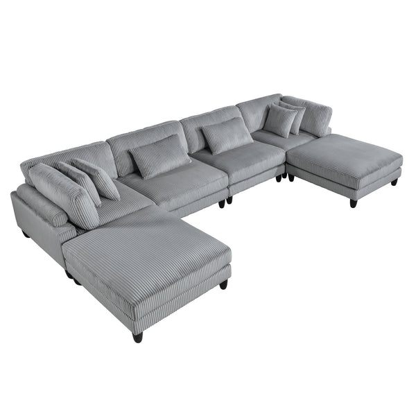 English Elm 6Pc Modular Sectional Set In Gray Corduroy - Versatile Living Room Furniture With Armless Chairs & Ottomans B011S01562