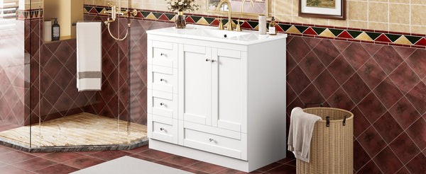 English Elm 36 Inch Shaker Bathroom Vanity with Ceramic Sink Four Soft Close Drawers White Mdf N729P414619K