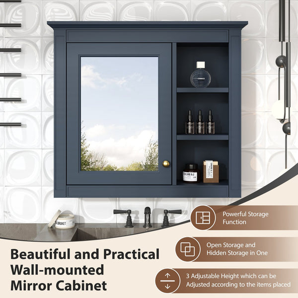 English Elm 30'' Modern Medicine Cabinet Wall Mirror with Hidden Storage and Adjustable Open Shelves for Bath Blue WF318452AAC