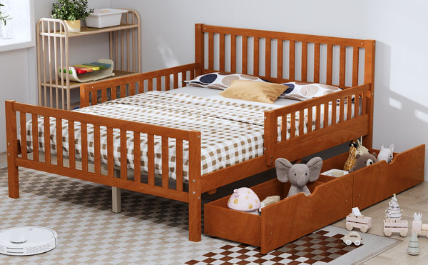 English Elm Full Wood Platform Bed with Headboard, Guardrails & Underbed Storage Drawers – Sturdy Pine Frame, 450LB Capacity Walnut 78.25 L x 18.5 W x 6 H N733P172700D