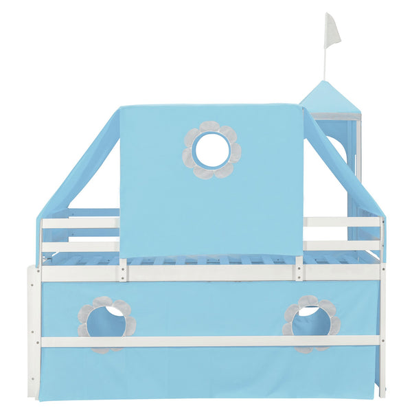 English Elm Twin Castle Loft Bed with Slide Tent Tower and Play Space for Kids Rooms Blue N708P249511C