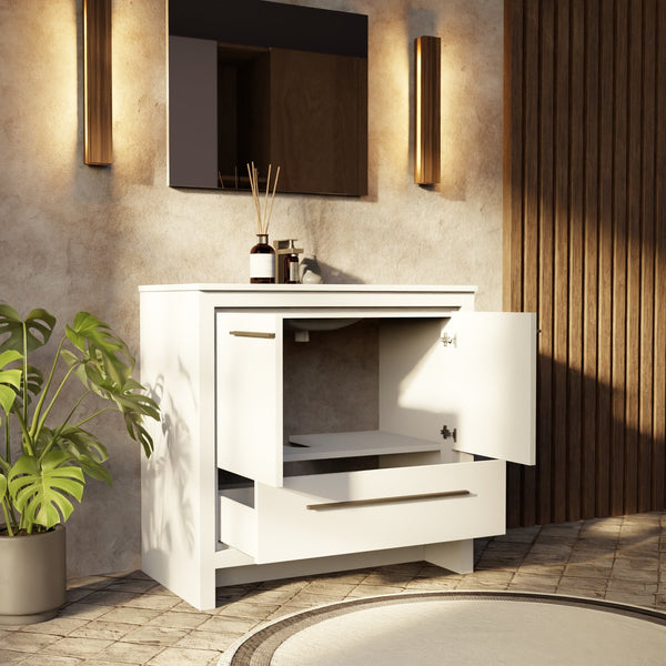 English Elm White Single Bath Vanity 36" W x 20" D with White Quartz Top, Gun Metal Faucet & 28" Mirror, Durable B2731S02077