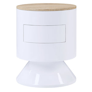 English Elm White White High Gloss and Natural 1-drawer Drum Nightstand with Smooth Manual-Close Drawer, Sleek Accent Piece B062P185684