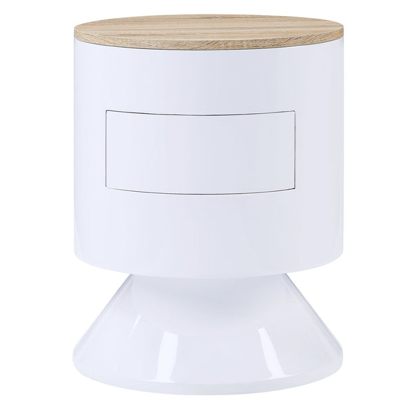 English Elm White White High Gloss and Natural 1-drawer Drum Nightstand with Smooth Manual-Close Drawer, Sleek Accent Piece B062P185684