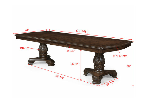 English Elm Formal Grand Rectangular Dining Table 72"-108" Extendable Solid Wood Double Pedestal Carved Finish B2741S00512
