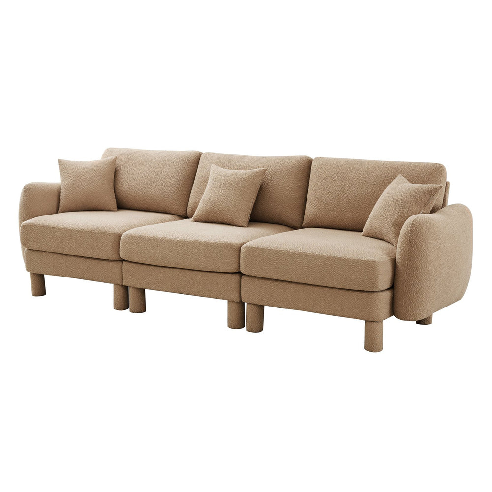 English Elm Boucle 3-Seater Sofa With Sculptural Shell Armrests, Plush Coffee Fabric, And Modern Cylindrical Legs W3041S00284