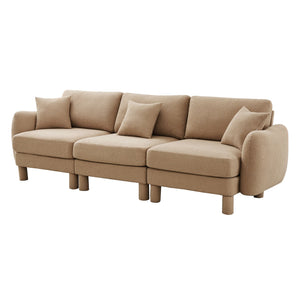 English Elm Boucle 3-Seater Sofa With Sculptural Shell Armrests, Plush Coffee Fabric, And Modern Cylindrical Legs W3041S00284