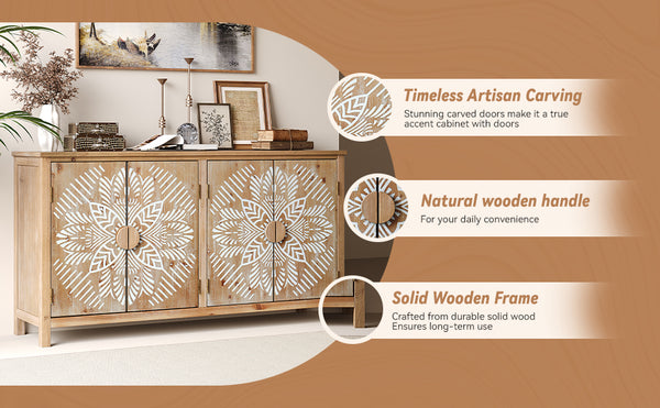 English Elm 60"Wood Vintage Accent Cabinet 4 Doors Antique Brown & White MDF Buffet Console for Living Room Storage W2295P306897