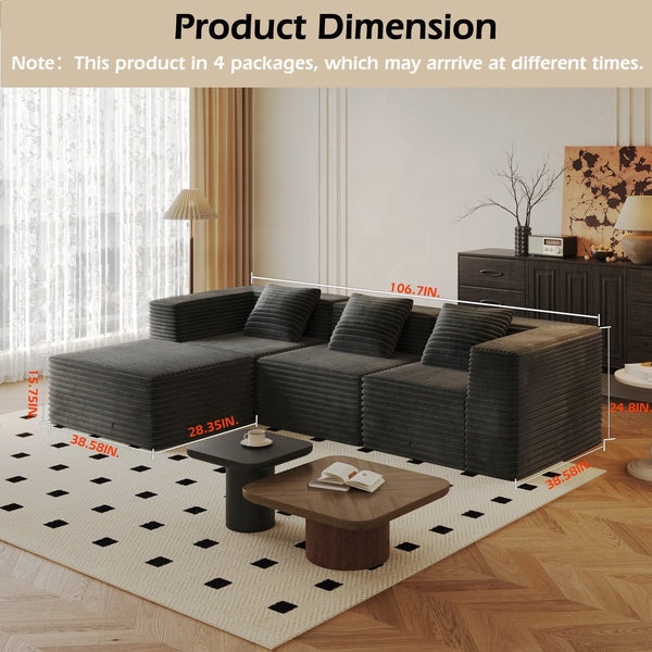 English Elm Modular Sectional Couch - Comfortable Boneless Sofa With Memory Foam, Plush Corduroy, No Assembly, Grey W3434S00025