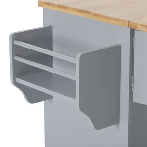 English Elm K&K Vintage Kitchen Island with Rubberwood Top, Hidden Wheels, Pull-Out Trash & Charging Station Grey+Blue N707P299014G