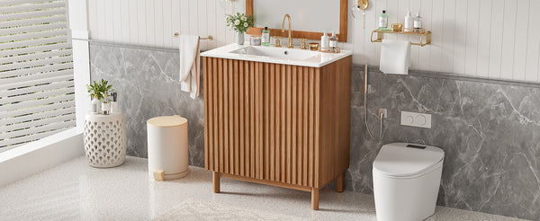 English Elm 29.9-inch Transitional Bathroom Vanity with Ceramic Sink Soft-close Doors Wood Legs N729P339777O