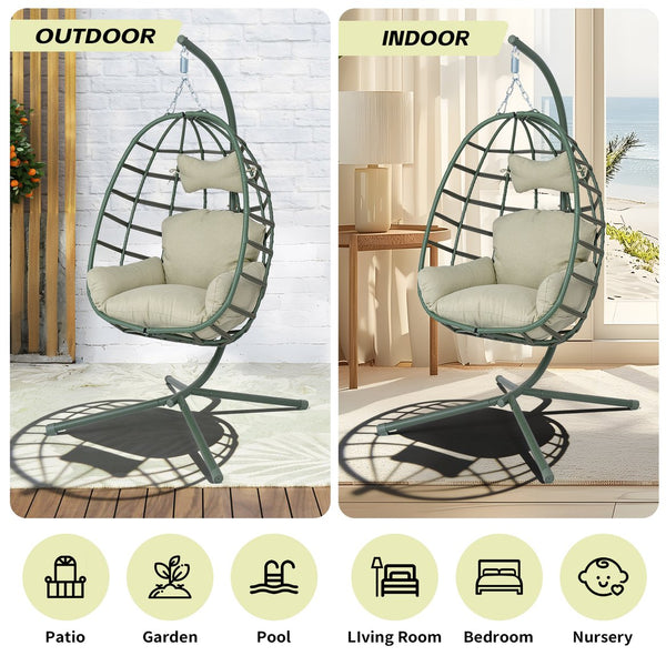 English Elm Egg Hanging Chair with Stand Pe Rattan Swing Seat Washable Cushion Patio Bedroom T5880P497440