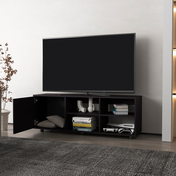 English Elm Roseland Modern TV Stand in Black — Engineered Wood, Sliding Door, 4 Open Shelves, Durable Design B092P269939