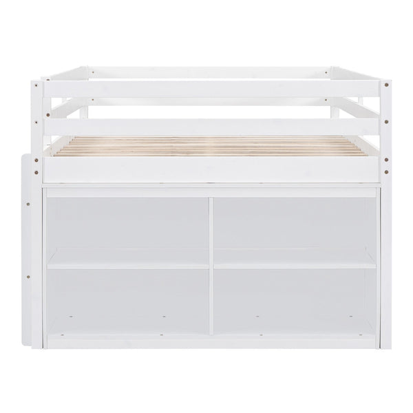 English Elm Full Size Kids Loft Bed Pinewood Frame Dual Study Desks Drawers and Open Shelving White LT000369AAK