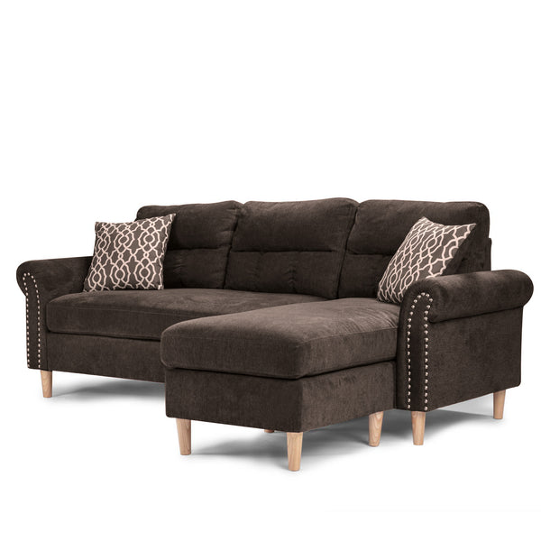 English Elm Reversible Tufted Velvet Sectional Sofa with Reversible Chaise, Nailhead Trim and Accent Pillows Tan 34 L x 88 W x 23 H B089P389527