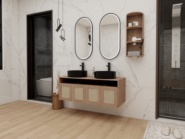 English Elm 48" Floating Bathroom Vanity Oak Finish Dual Ceramic Sinks Four Soft Close Doors W999S00505