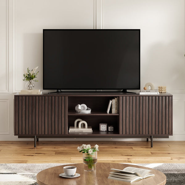 English Elm Modern Low Profile Media Console with Open Shelving and Concealed Cabinet Storage Dark Walnut T3623P434862