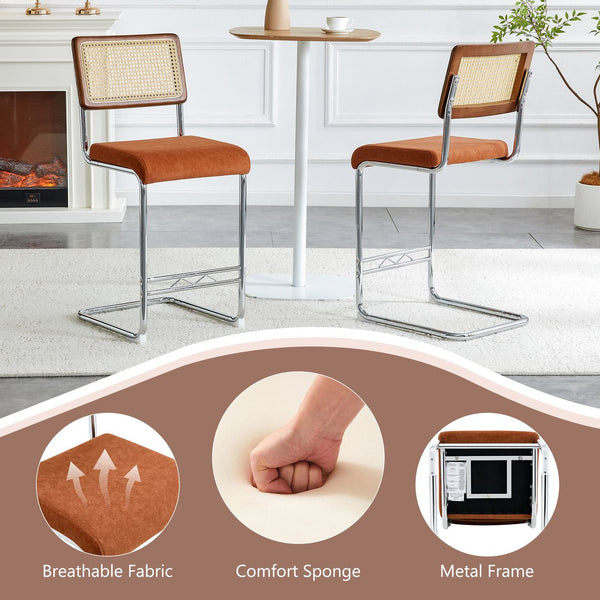 English Elm Natural Rattan Backrest Counter Stools Set of Two with Velvet Seat and Chrome Legs W2920P395621