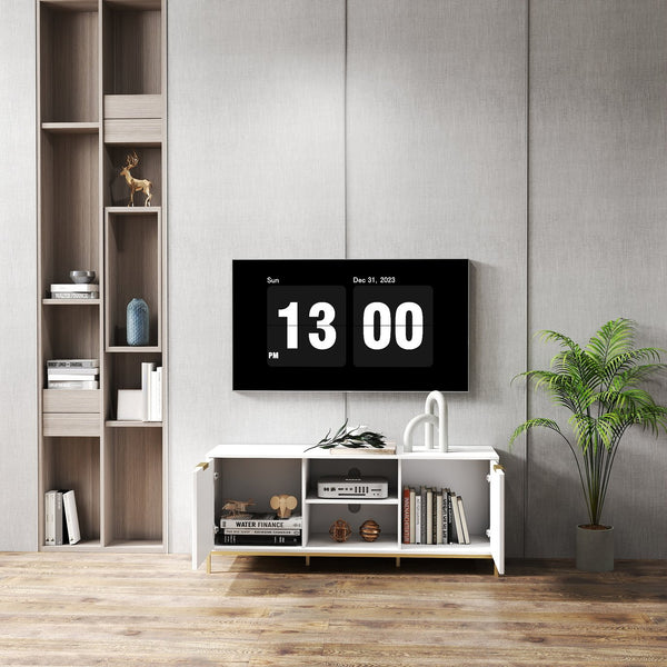 English Elm Modern TV Stand White Gold with Wave-Design Doors, Open Center Shelf, Adjustable Inner Shelf, Chic Legs W3151P288928