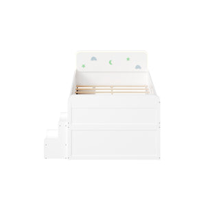 English Elm Wooden Full Bed Frame with Led Headboard Four Storage Drawers and Ladder Shelf White N7090004028K