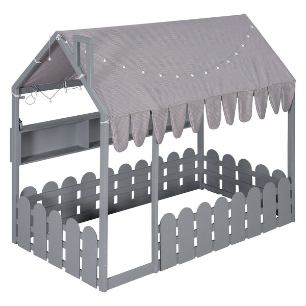 English Elm {slats Are Not Included} Twin Montessori House Floor Bed Kids Tent Lights Shelves Pinewood Frame Gray N708P407962E