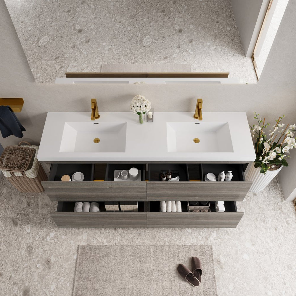 English Elm 72'' Floating Double Vanity Smoked Walnut Fluted Mdf Cabinet with Quartz Basins Grey Ash W1920P385562