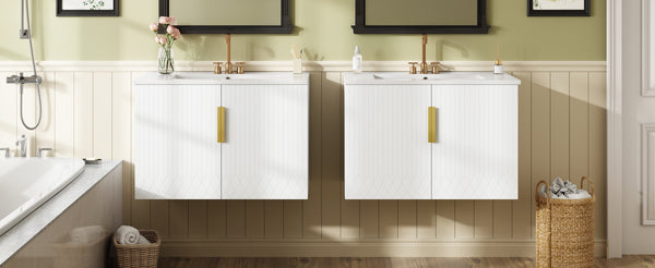 English Elm 60" Vintage Bathroom Vanity with Ceramic Sink Wall-Mount Modern Striped Design Durable MDF Wood Finish White N710SS00010K