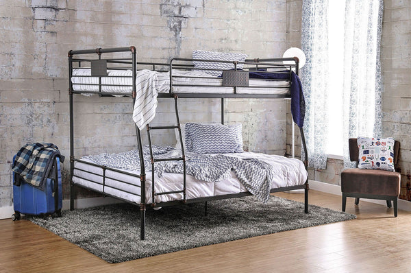 English Elm Industrial Metal Bunk Bed Full Over Queen with Attached Ladder, Pipe Frame, Upper Guard Rails, Vintage Charm Antique Black 70 L x 65 W x 5 H B2741S00374
