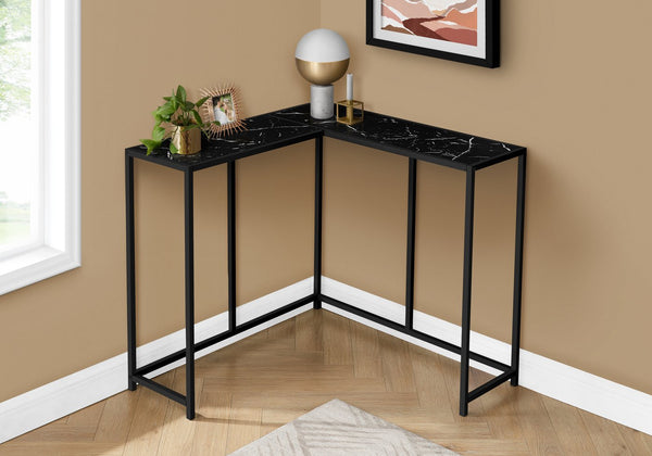 English Elm Accent Table - Modern L-Shaped Corner Console With Black Marble Top & Slim Metal Frame For Small Spaces B2710P218964