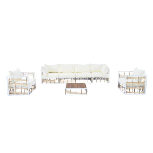 English Elm TOPMAX Modern Minimalist 7-Piece Metal Patio Sectional Sofa Set with All-Weather Rattan, Cushions and Coffee Table for Versatile Indoor Outdoor Entertaining White SP100026AAK