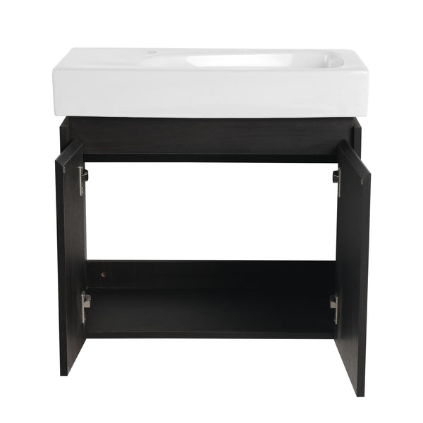 English Elm 24 Inch Bathroom Vanity Floating Ceramic Basin Sink Combo with Double-Door Wall-Mounted Storage Cabinet Durable Engineered Wood Modern Design Black W1972P190342