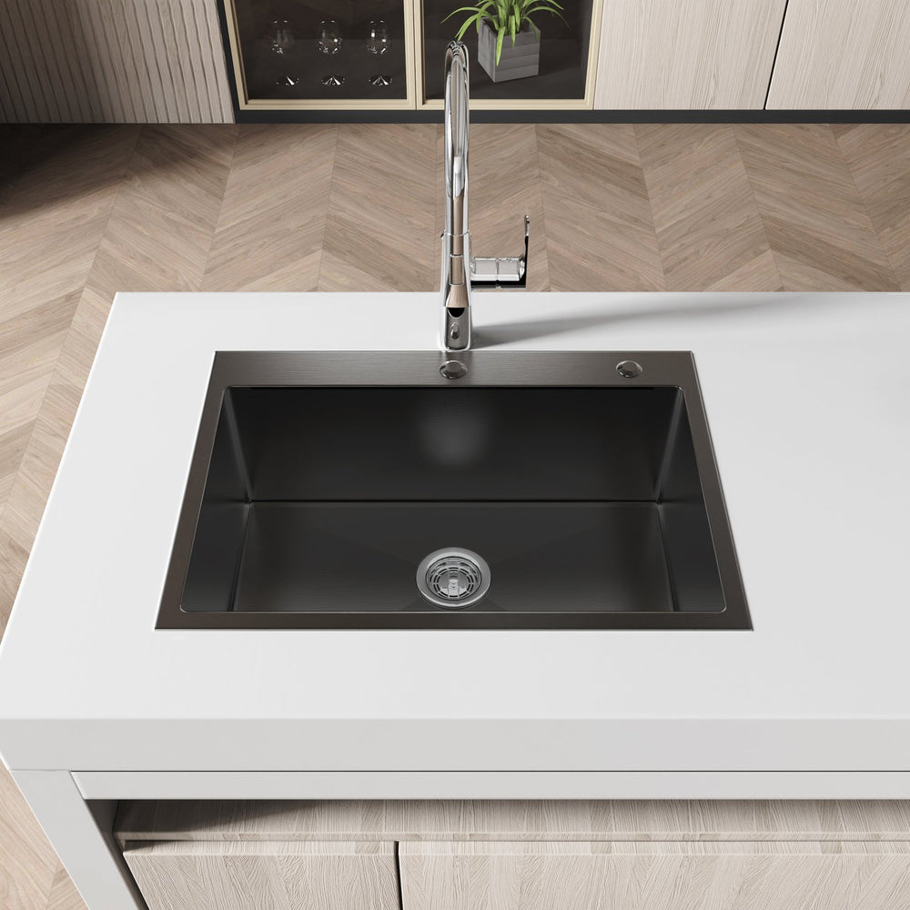 English Elm Stainless Handmade Single Bowl Overmount Kitchen Sink Deep Basin Black Satin Finish T3177P286026