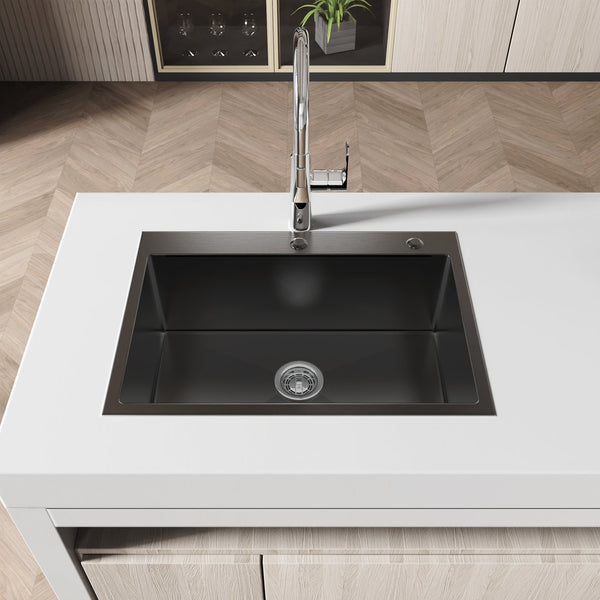 English Elm Stainless Handmade Single Bowl Overmount Kitchen Sink Deep Basin Black Satin Finish T3177P286026