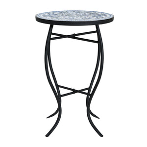 English Elm Outdoor Mosaic Ceramic Tile Round Side Table with Curved Wrought Iron Patio Accent Black,Blue,White N773P365597B