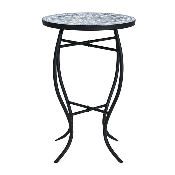 English Elm Outdoor Mosaic Ceramic Tile Round Side Table with Curved Wrought Iron Patio Accent Black,Blue,White N773P365597B