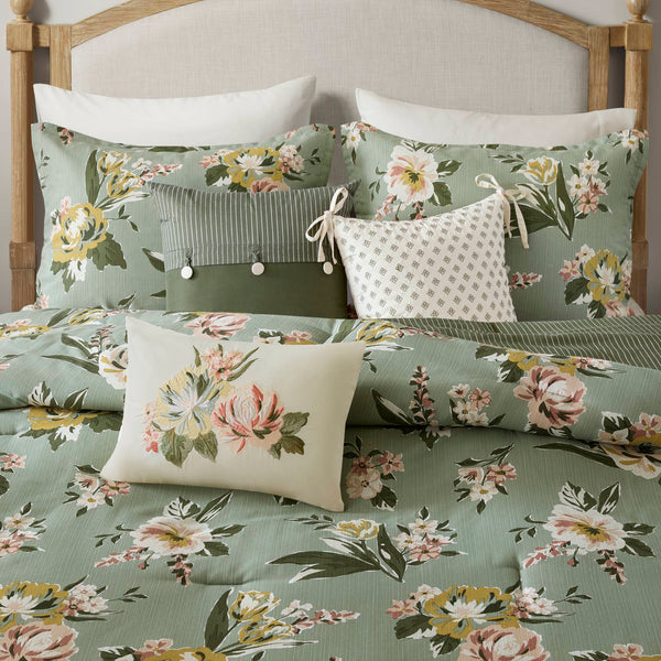 English Elm 7-piece Queen Vintage Floral Comforter Set Cotton Blend Slub Weave Reversible Stripe Green B035P440212