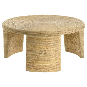 English Elm Mize Natural Woven Rattan Round Coffee Table with Tapered Legs, Coastal Banana Leaf Finish, 36"Wide B062P358426