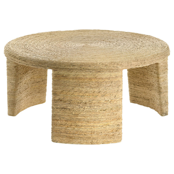 English Elm Mize Natural Woven Rattan Round Coffee Table with Tapered Legs, Coastal Banana Leaf Finish, 36"Wide B062P358426